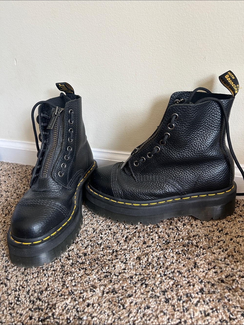 Dr. Martens Black Leather Lace-Up Platform Boots with Yellow Stitching